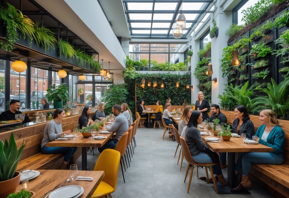 A bright restaurant interior with natural light, plants, and people enjoying plant-based meals in a green urban setting.