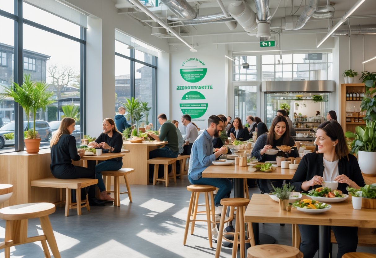 People dining in a bright zero waste restaurant with wooden furniture, plants, and natural light, enjoying meals served on reusable dishes.