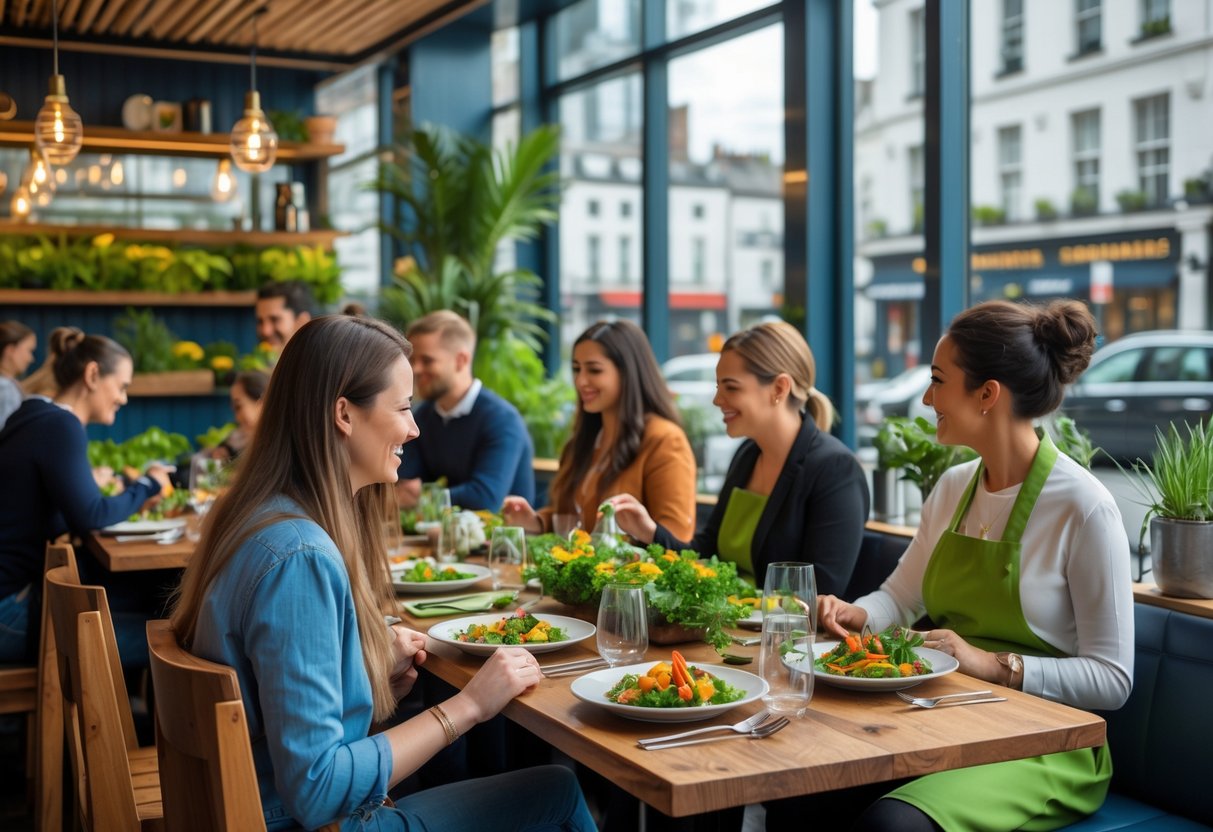 Interior of a modern sustainable restaurant in Dublin with customers enjoying meals and eco-friendly decor.
