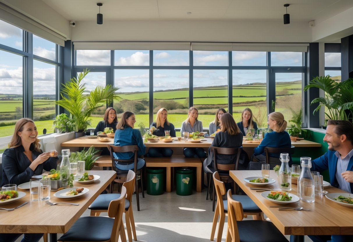A modern restaurant interior in Ireland with customers enjoying meals and eco-friendly decor including plants and reusable dishware.