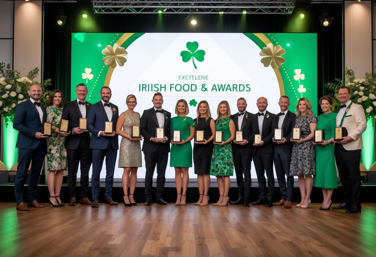 A group of people celebrating and holding trophies at an Irish food awards ceremony on a decorated stage.