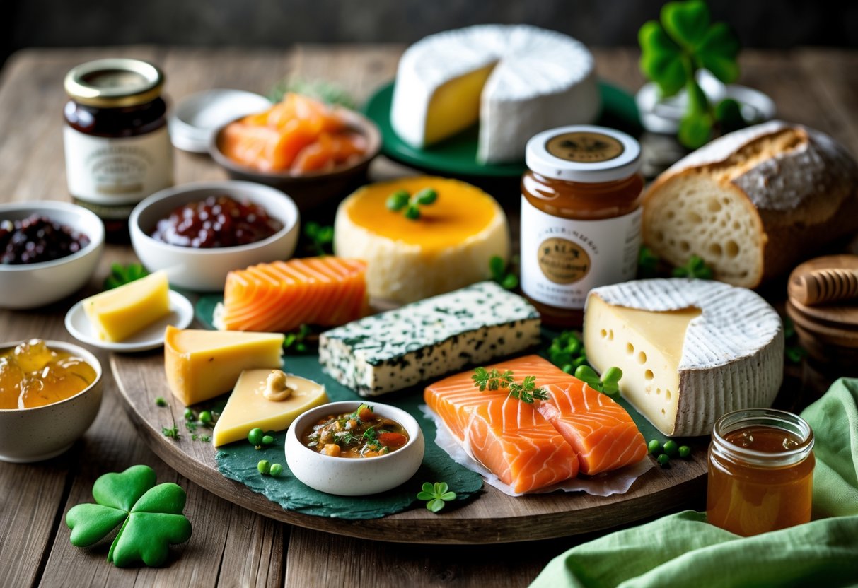 A table displaying a variety of fresh Irish food products including seafood, cheeses, bread, cured meats, and preserves arranged attractively.