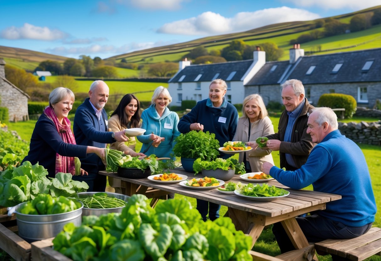 A group of people in an Irish countryside garden harvesting vegetables and sharing food around wooden tables.
