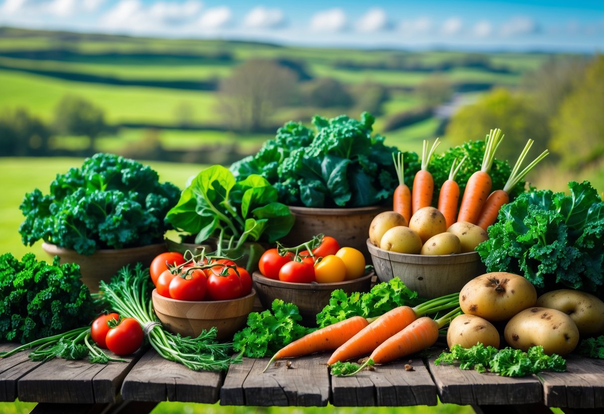 A variety of fresh organic vegetables on a wooden table with green rolling hills in the background.