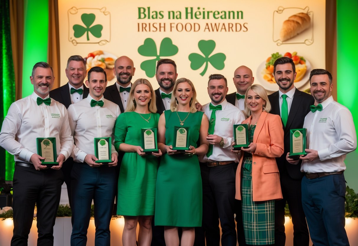 A group of people celebrating on stage holding trophies at an Irish food awards ceremony with Irish-themed decorations in the background.