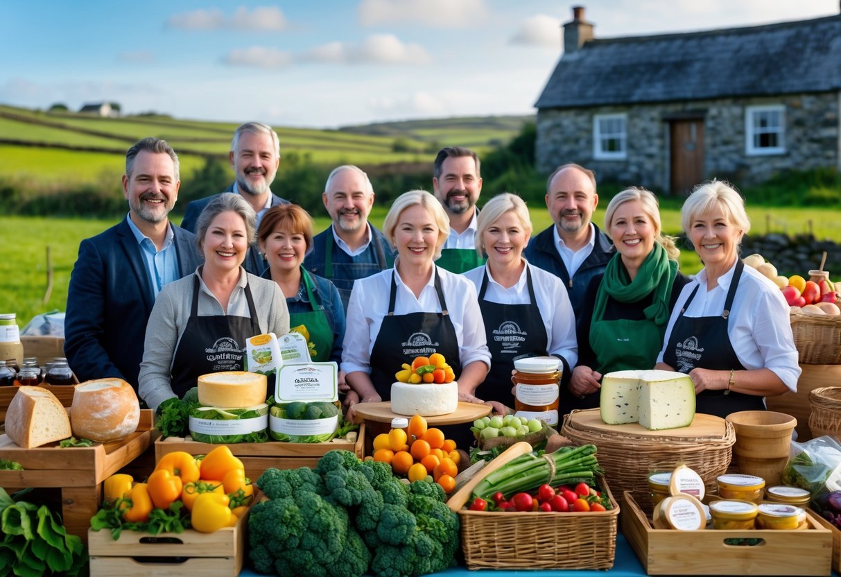 A group of Irish slow food producers and artisans displaying fresh local foods at an outdoor farmers' market with green fields and a stone cottage in the background.