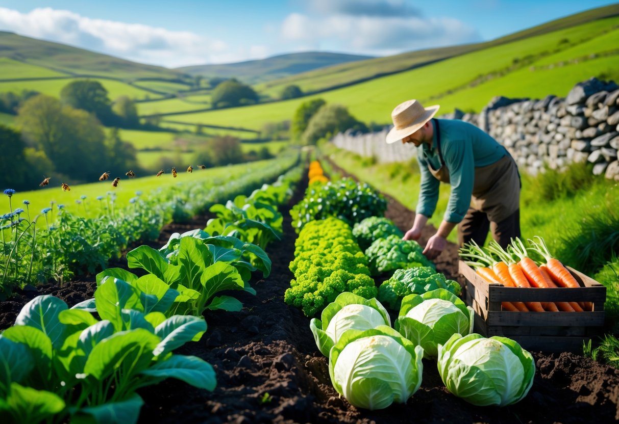 A farmer tending to rows of organic vegetables in a green Irish countryside with rolling hills and a clear sky.