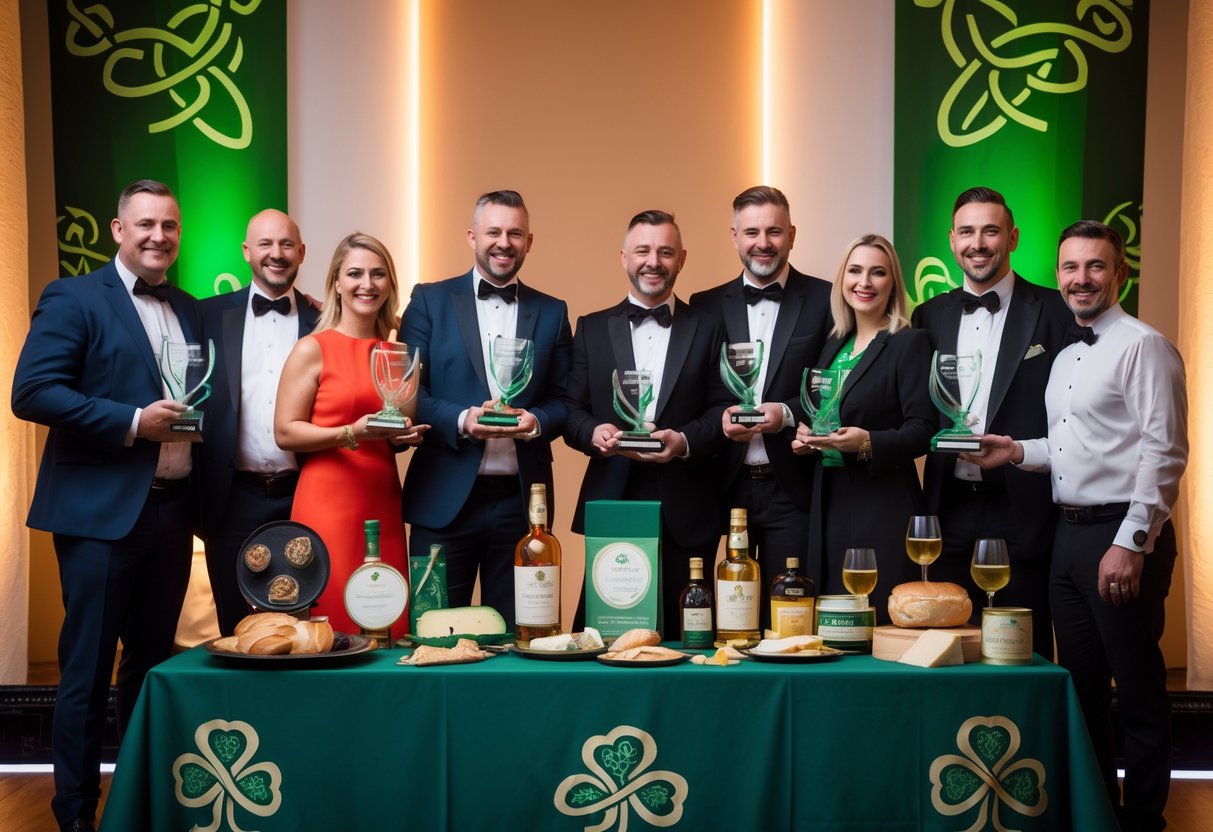A group of smiling people holding trophies at an awards ceremony with Irish food and drink products displayed on a table nearby.