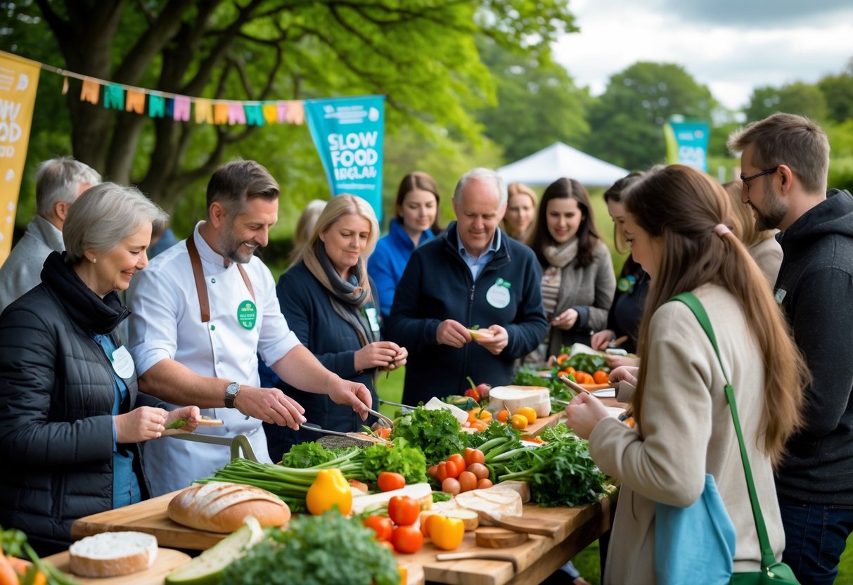 People gathered outdoors around tables with fresh food, learning about cooking and sustainable food practices.