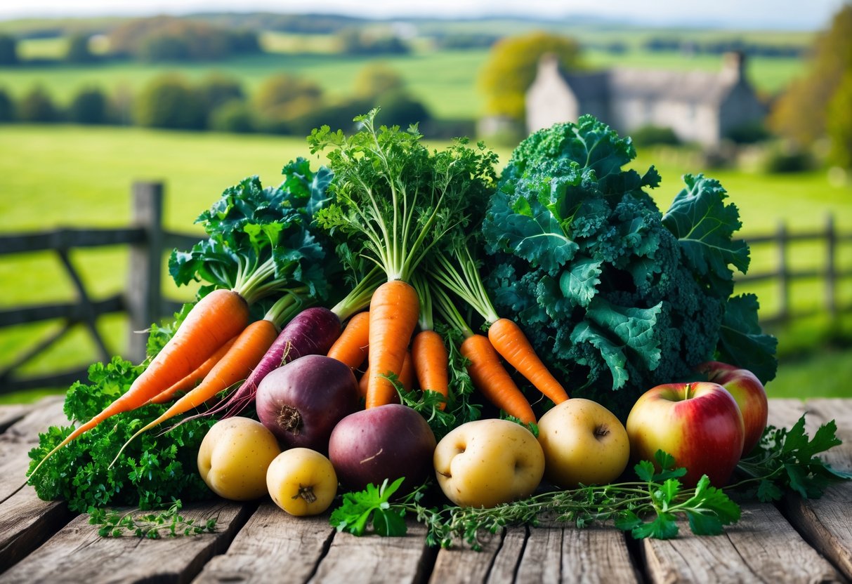 A wooden table filled with fresh seasonal Irish organic vegetables and fruits with a blurred green countryside in the background.