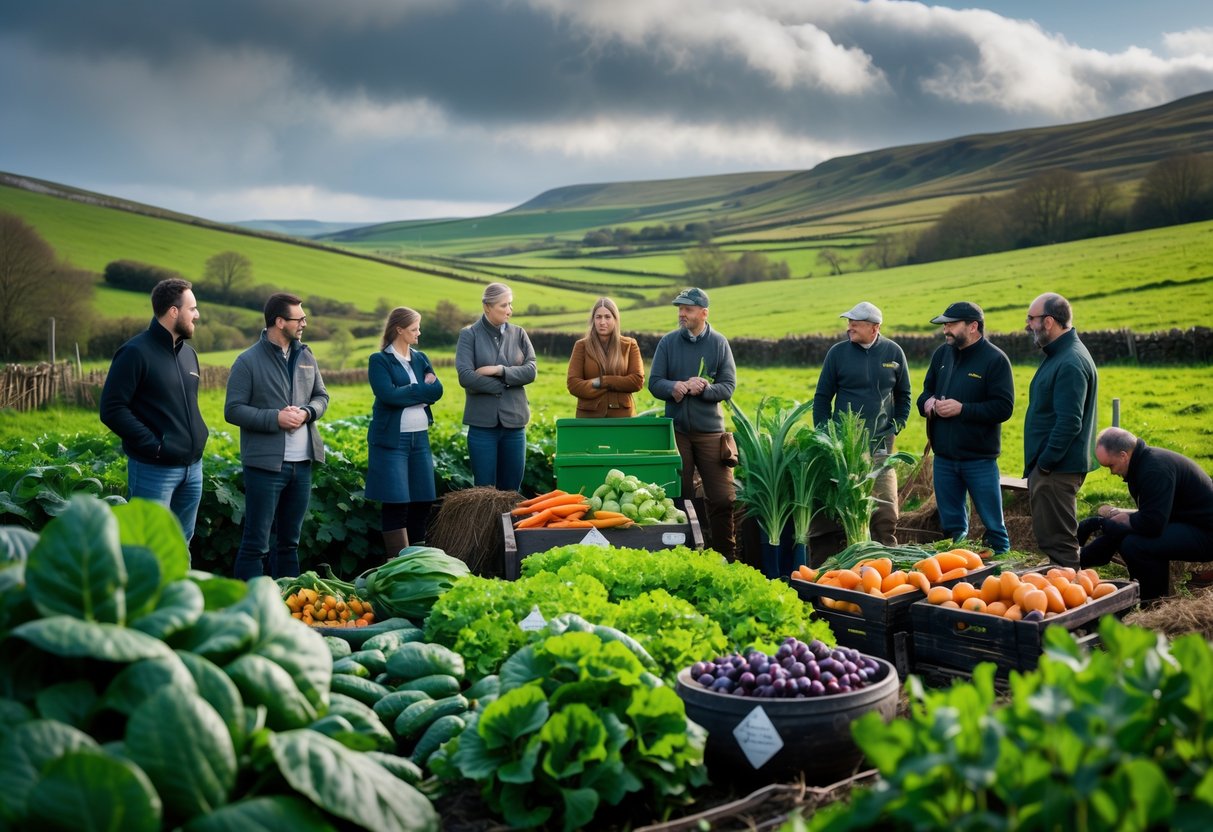 Farmers and food producers working together in an Irish countryside surrounded by fresh vegetables and traditional farming tools.