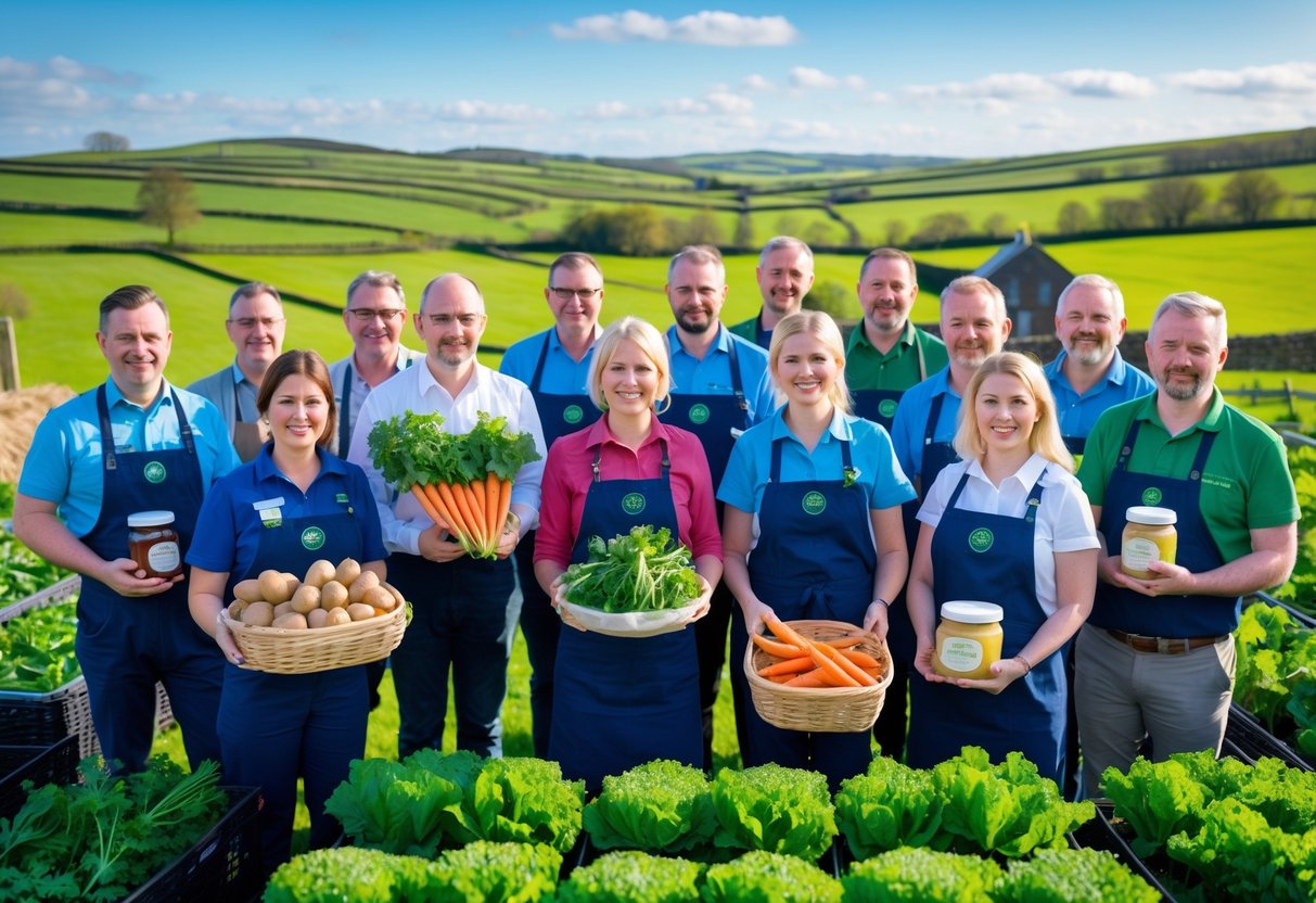 A group of Irish food producers standing outdoors with fresh produce and artisanal food products in a green countryside setting.