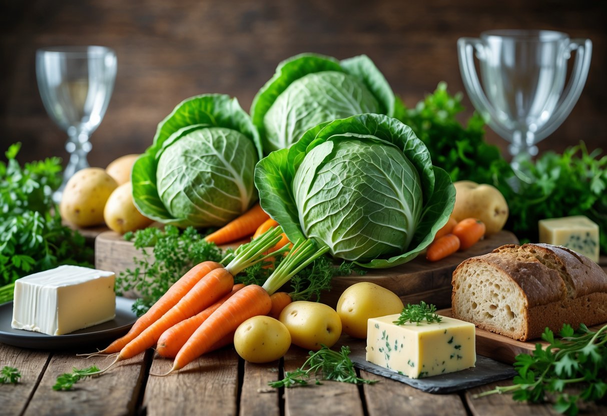 A wooden table displaying fresh Irish vegetables, dairy products, and bread with glass trophies in the background.