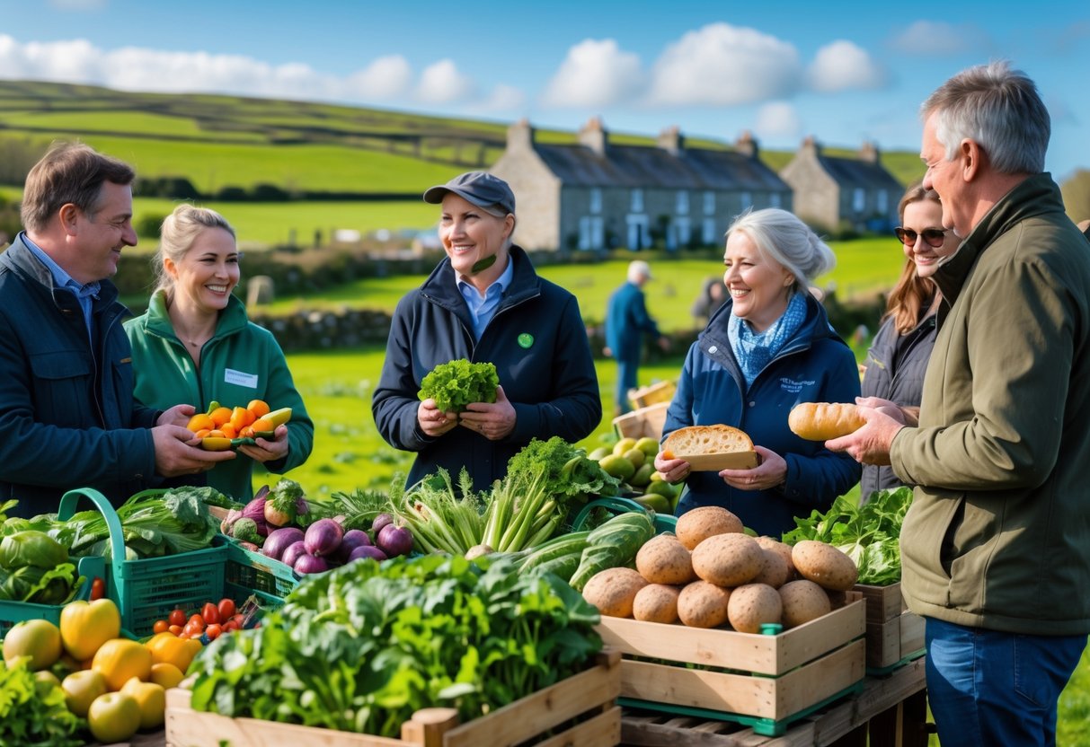 People buying and selling fresh vegetables and bread at an outdoor farmers market in the Irish countryside.