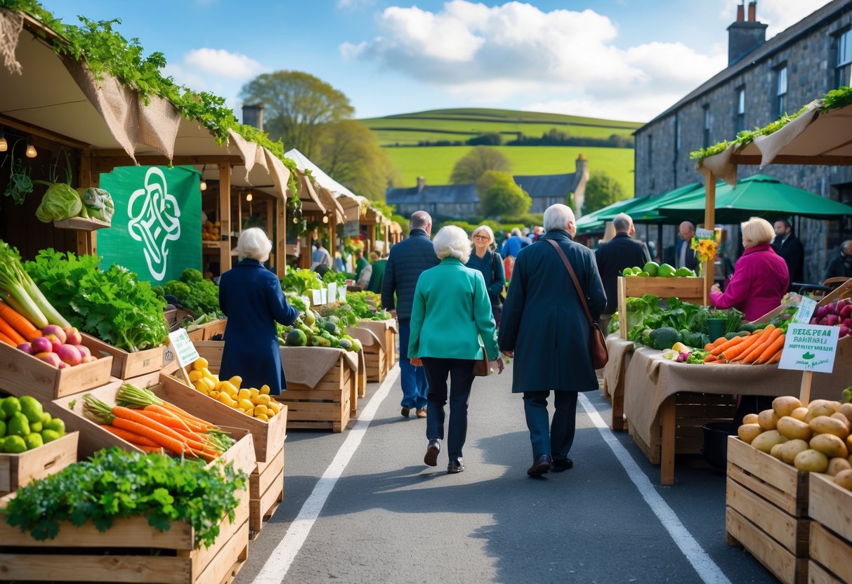 Outdoor Irish organic food market with fresh fruits and vegetables displayed and diverse people shopping on a sunny day.