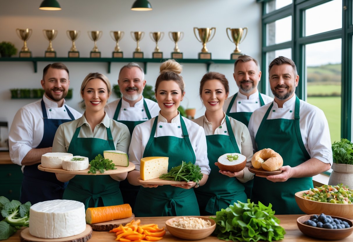A group of Irish food producers and chefs standing together in a kitchen, proudly displaying a variety of traditional Irish food products with award trophies visible in the background.