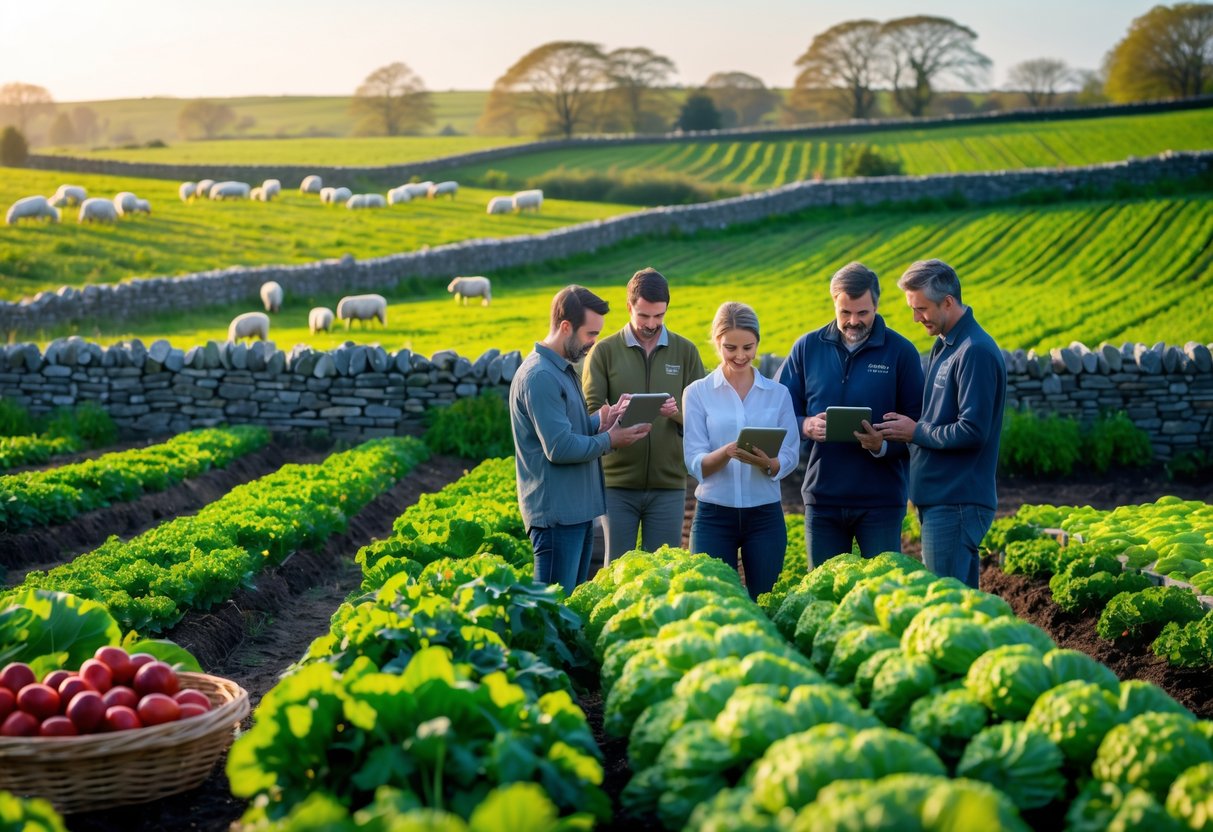 Farmers inspecting fresh organic vegetables in a green Irish farm field with sheep grazing and stone walls in the background at sunrise.