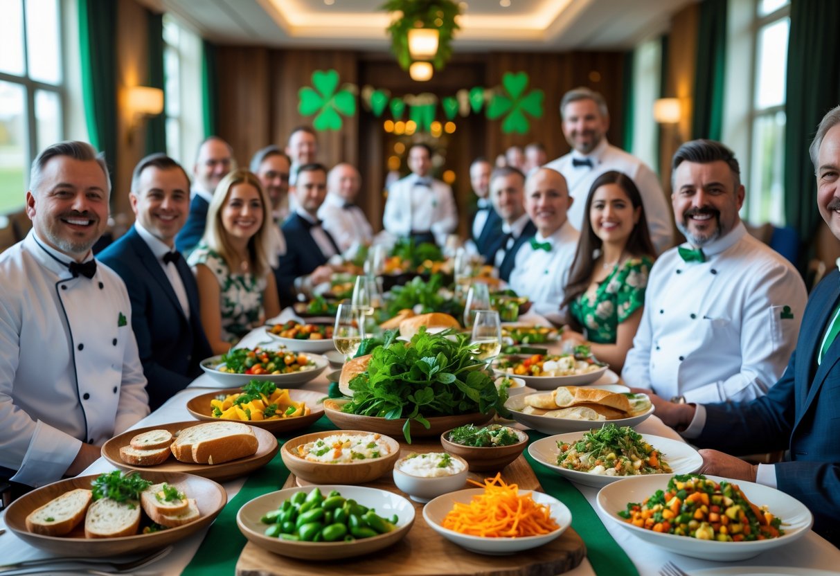 People enjoying a festive Irish food awards event with tables displaying traditional Irish dishes and guests socializing in a banquet hall.