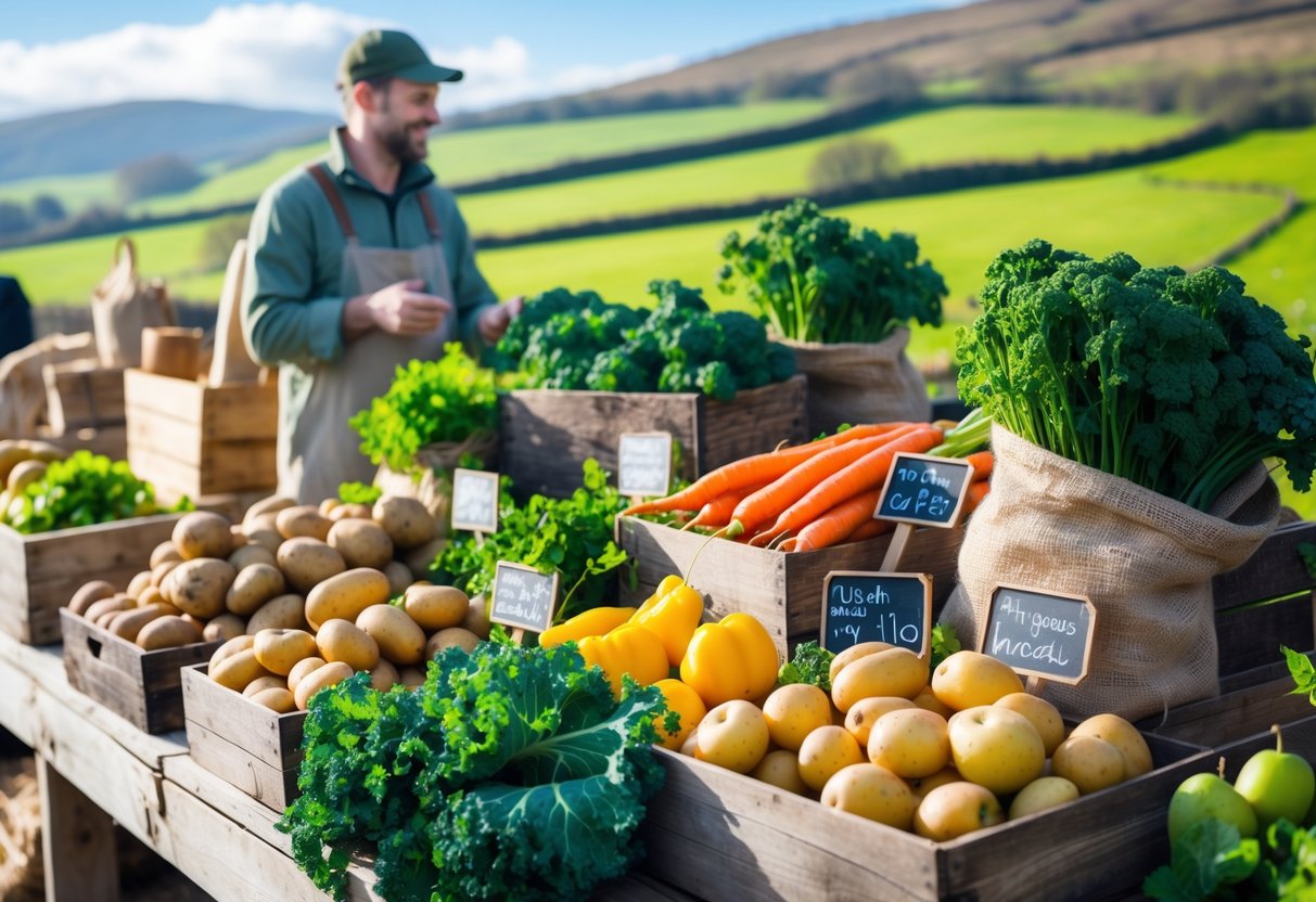 A farmer at an outdoor market selling fresh organic vegetables and fruits with green fields in the background.