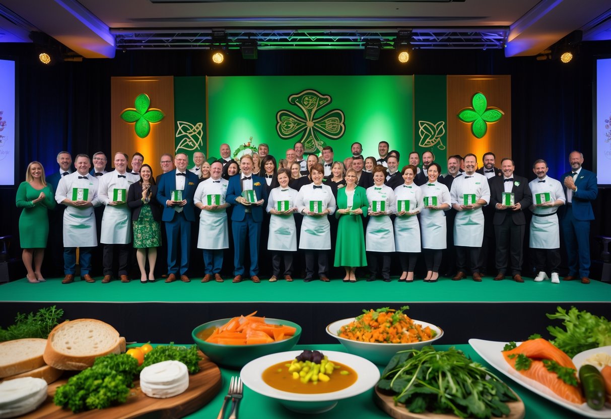 A group of chefs and food producers holding trophies at an awards ceremony with a table of traditional Irish dishes in front of them.