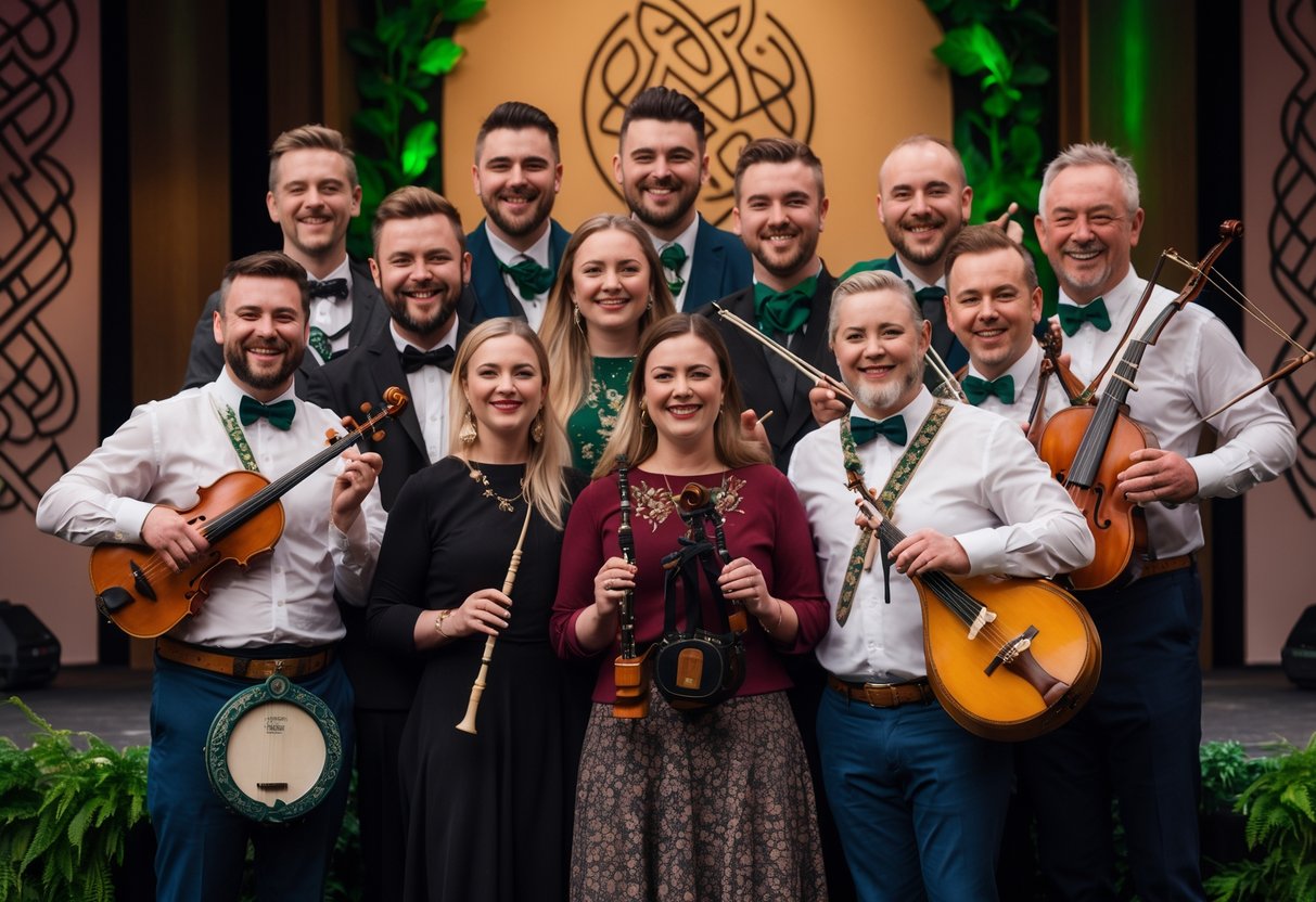 A group of musicians smiling and holding traditional Irish instruments together in celebration.