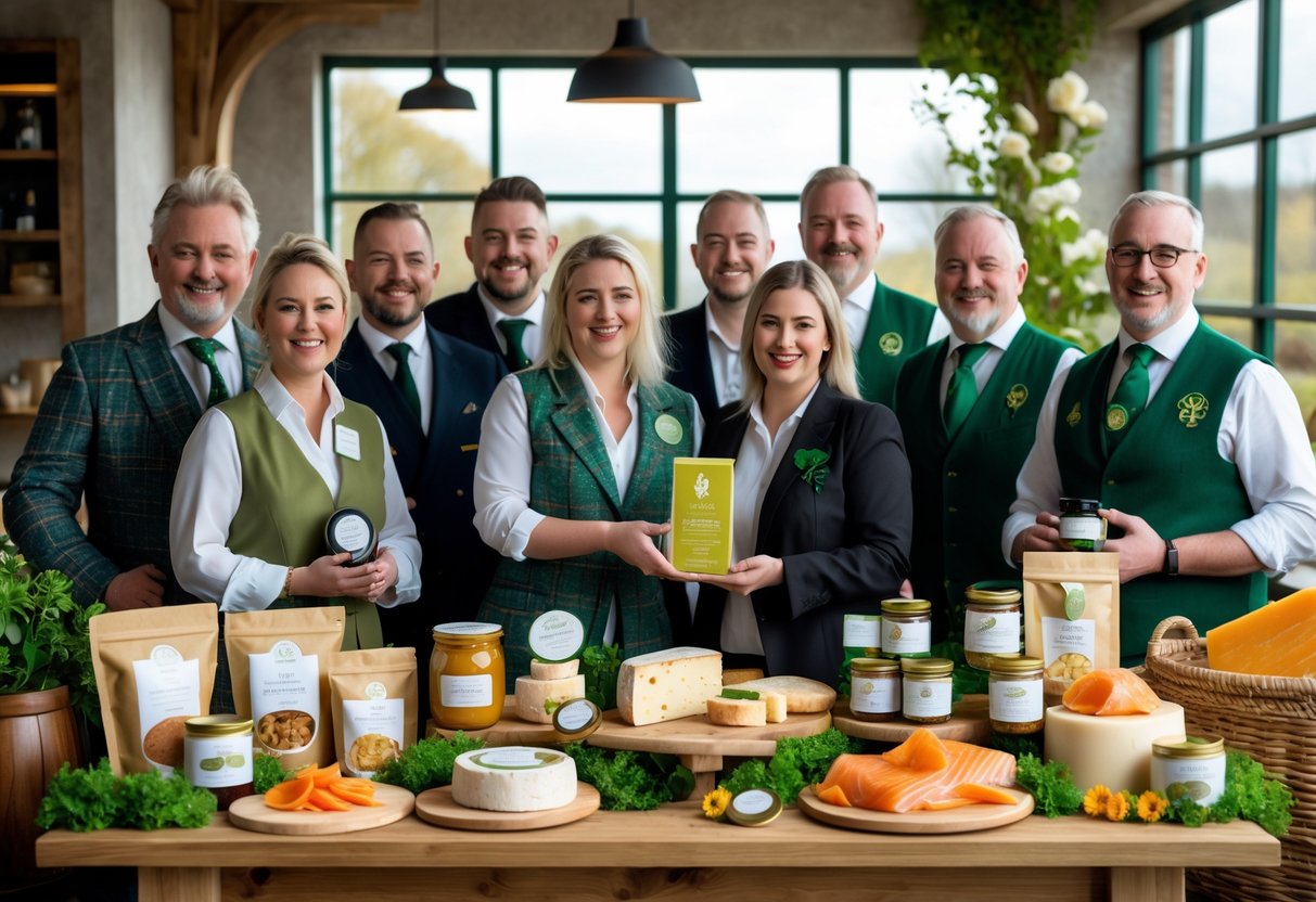 A group of Irish food producers standing together surrounded by fresh Irish food products in a bright, rustic setting.