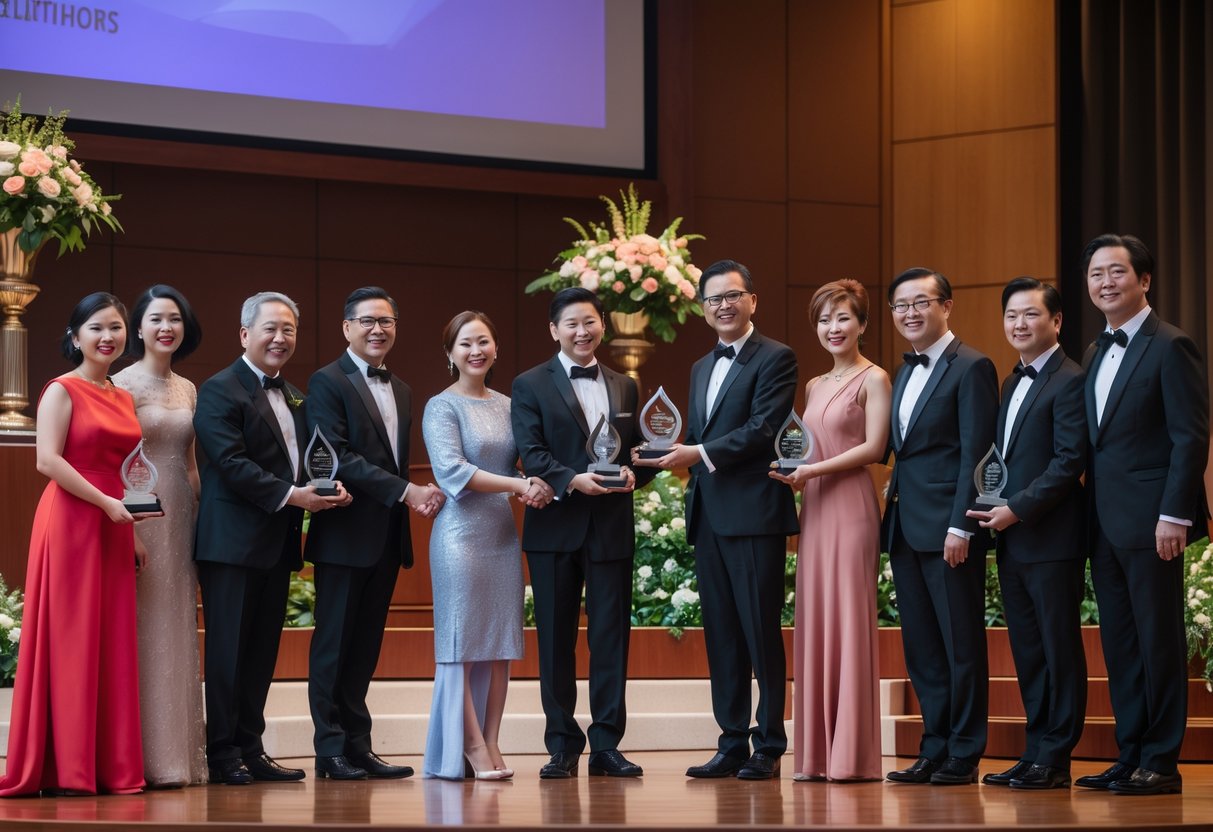 A group of people dressed formally receiving awards on a stage during a ceremony.