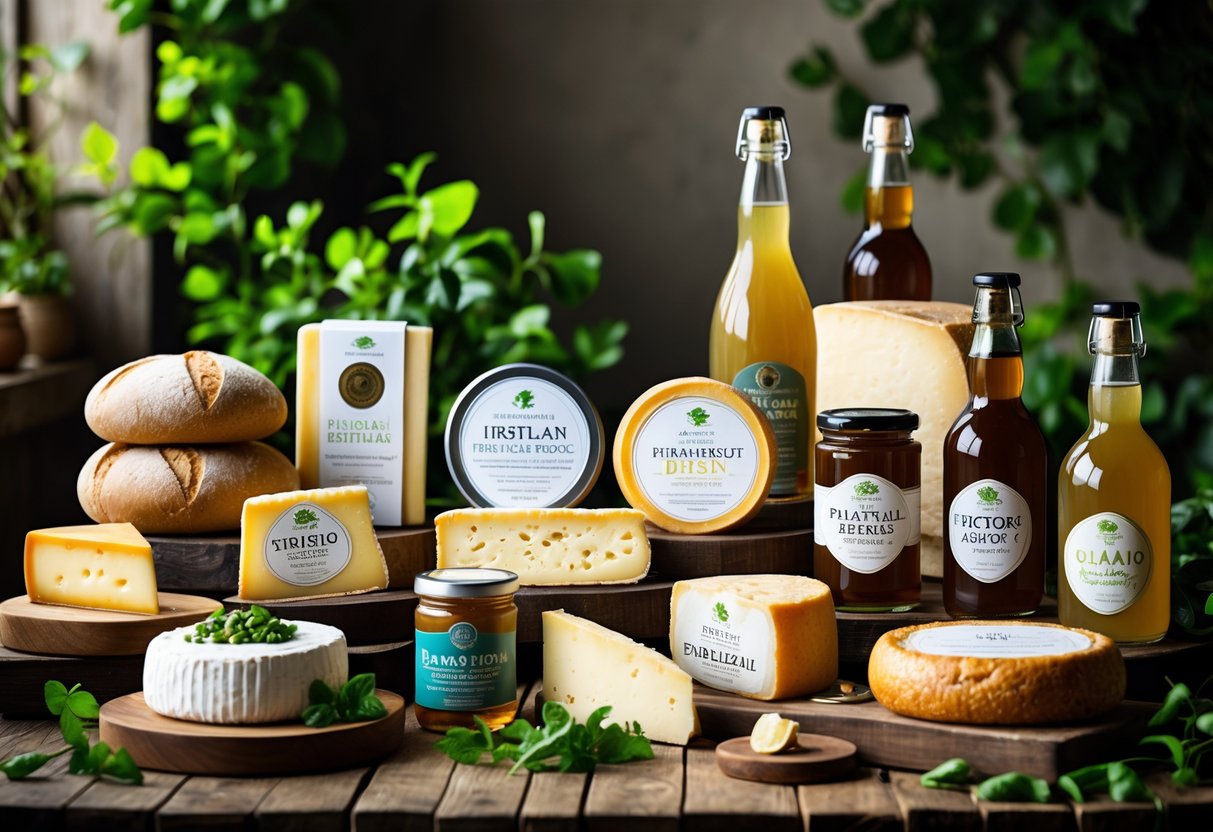 A display of various Irish artisanal food and beverage products arranged on wooden tables with green foliage in the background.