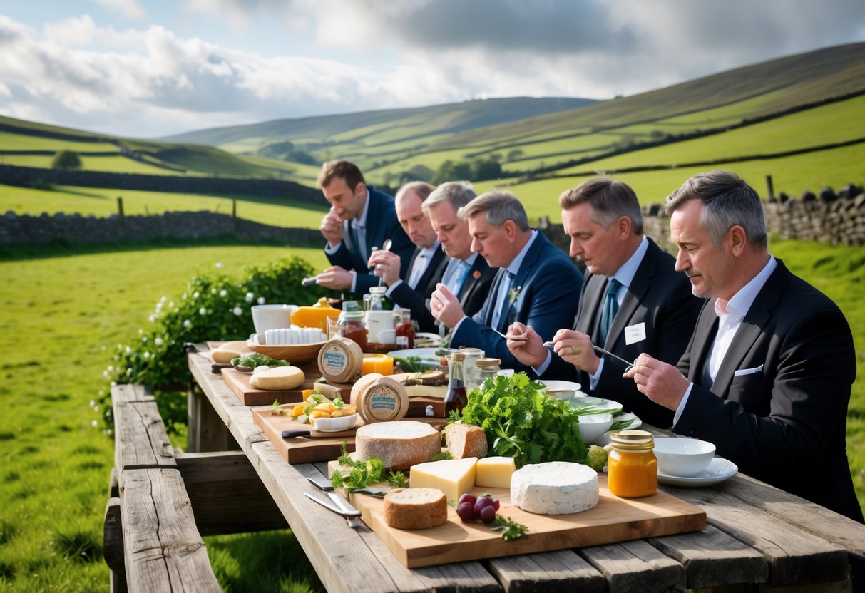 People tasting and evaluating Irish artisanal foods outdoors on a wooden table in a green countryside setting.