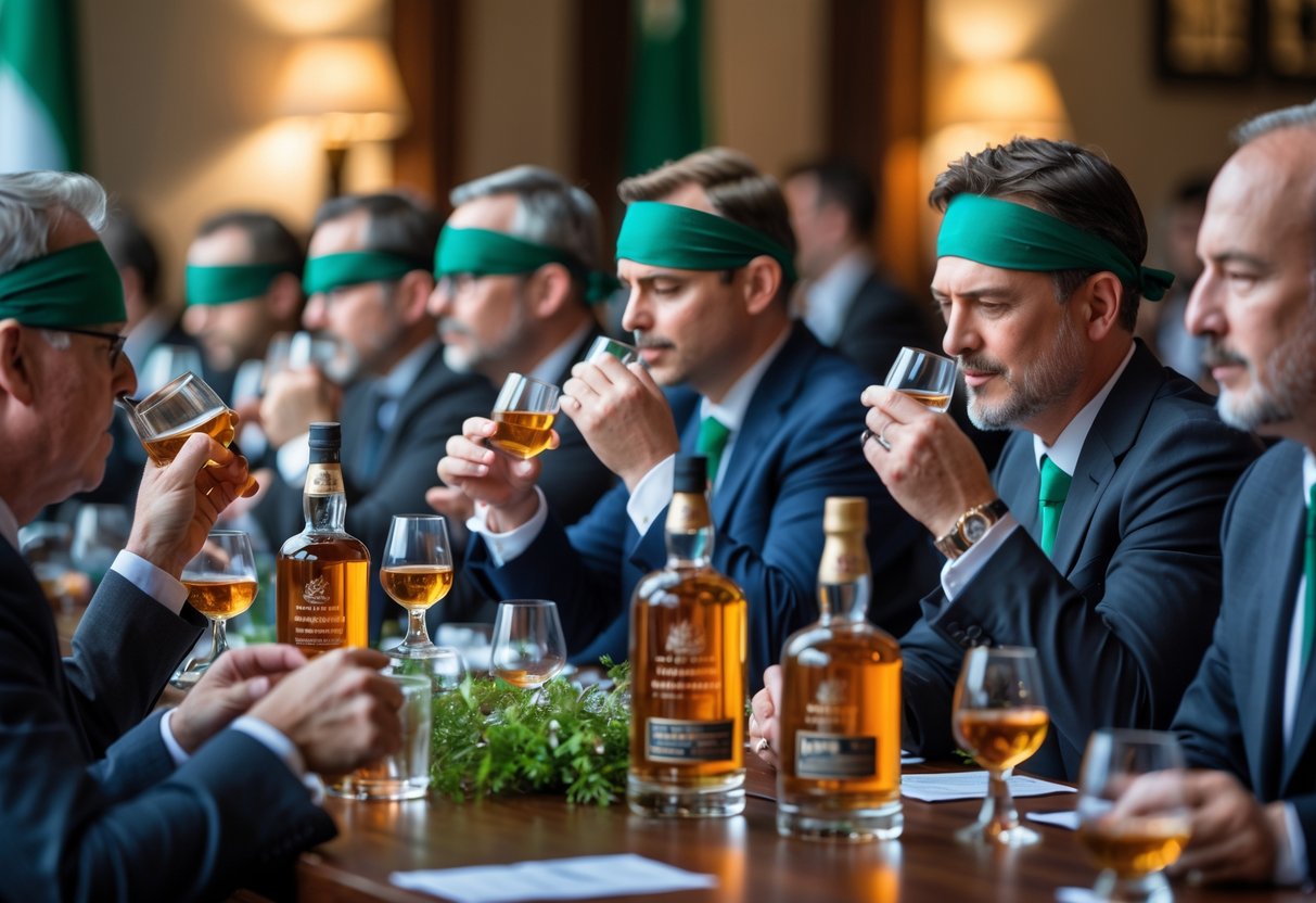 A group of judges wearing blindfolds tasting whiskey samples at a wooden table during a judging event.