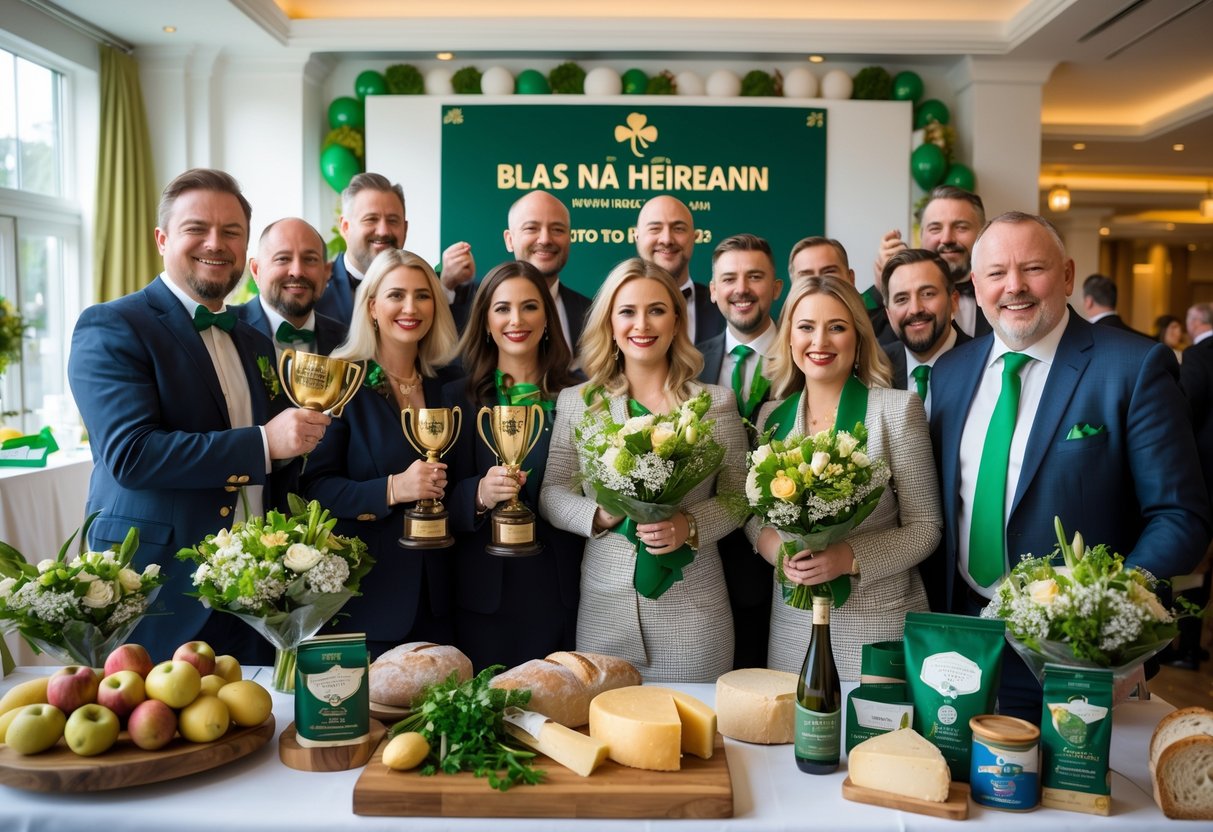 A group of people celebrating Irish food and drink award winners, holding trophies and standing by a table with Irish produce.