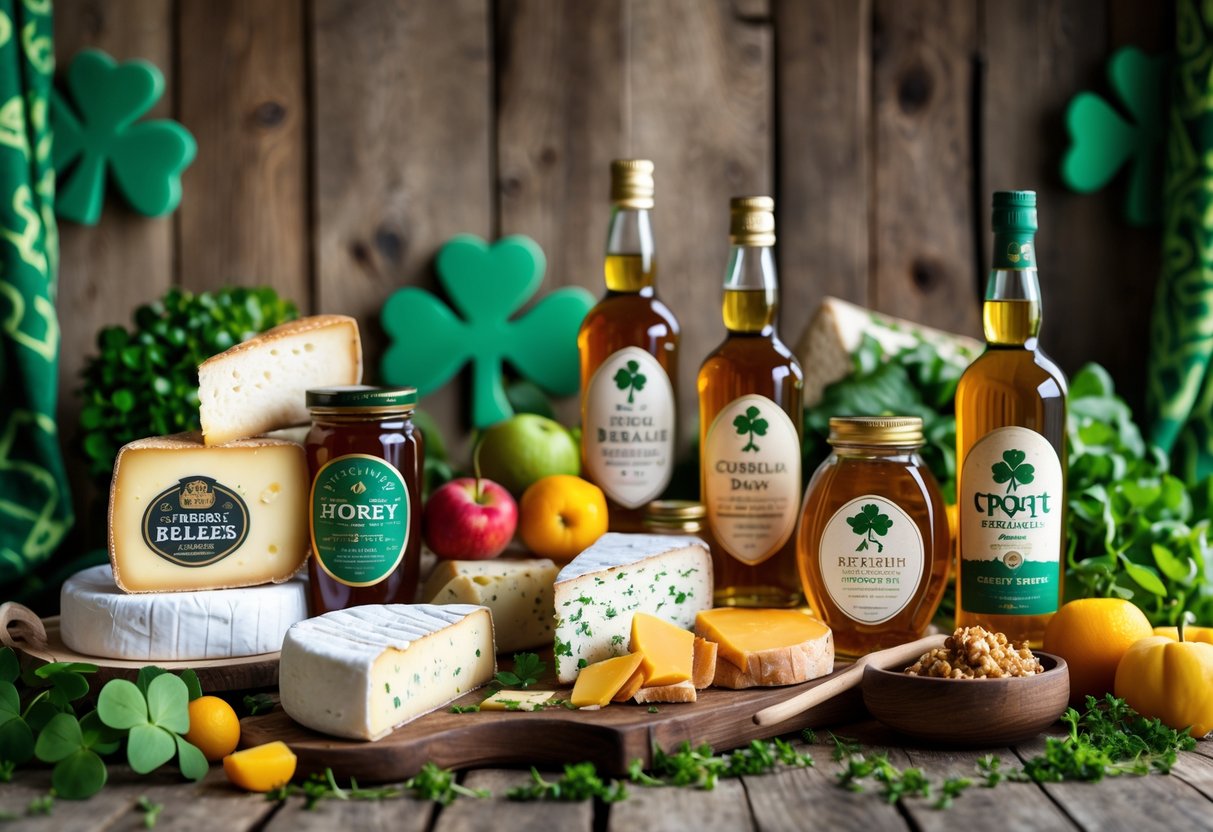 A display of Irish food and drink products including cheese, bread, honey, whiskey, cider, and fresh fruits on a wooden table with subtle Irish-themed decorations.