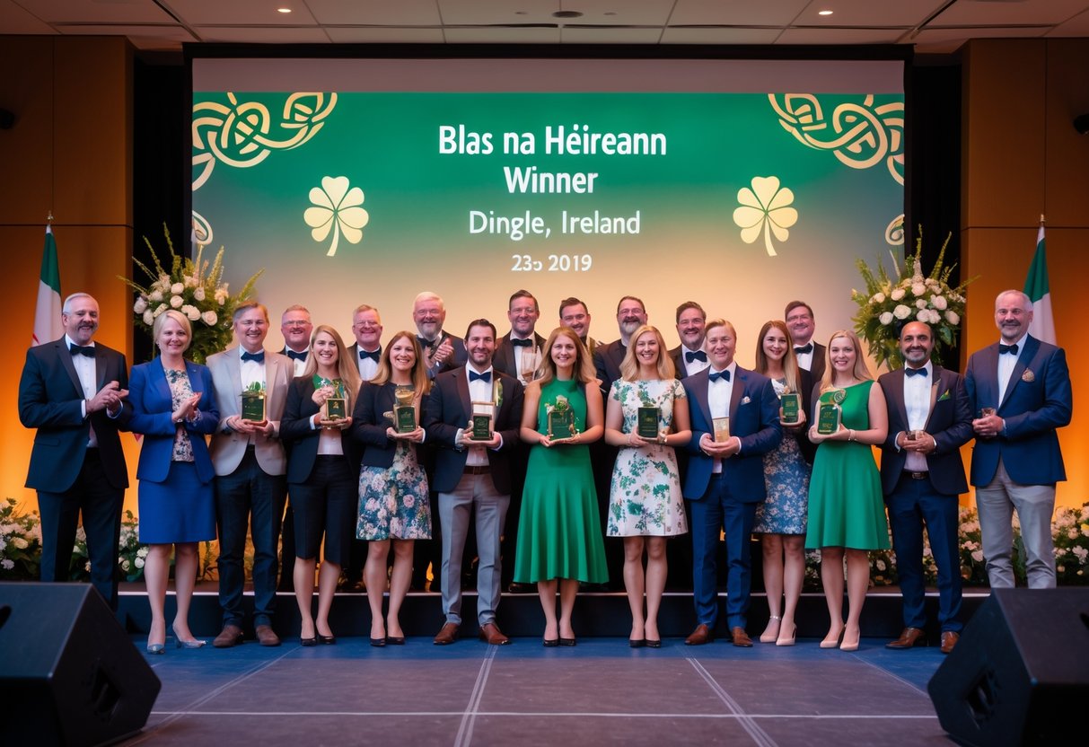 A group of smiling people holding trophies at an awards ceremony in Dingle, Ireland, surrounded by decorations and applauding audience.