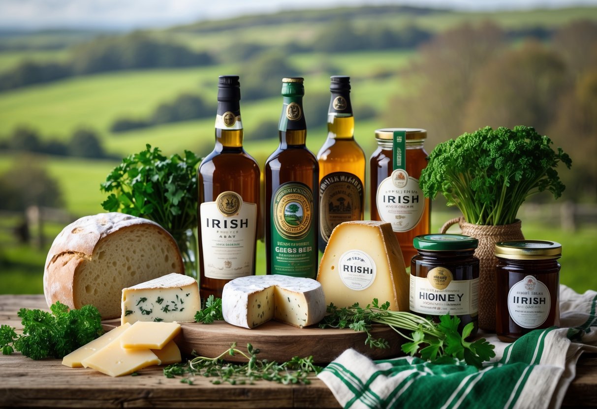 A display of various Irish food and drink products arranged on a wooden table with a green countryside background.