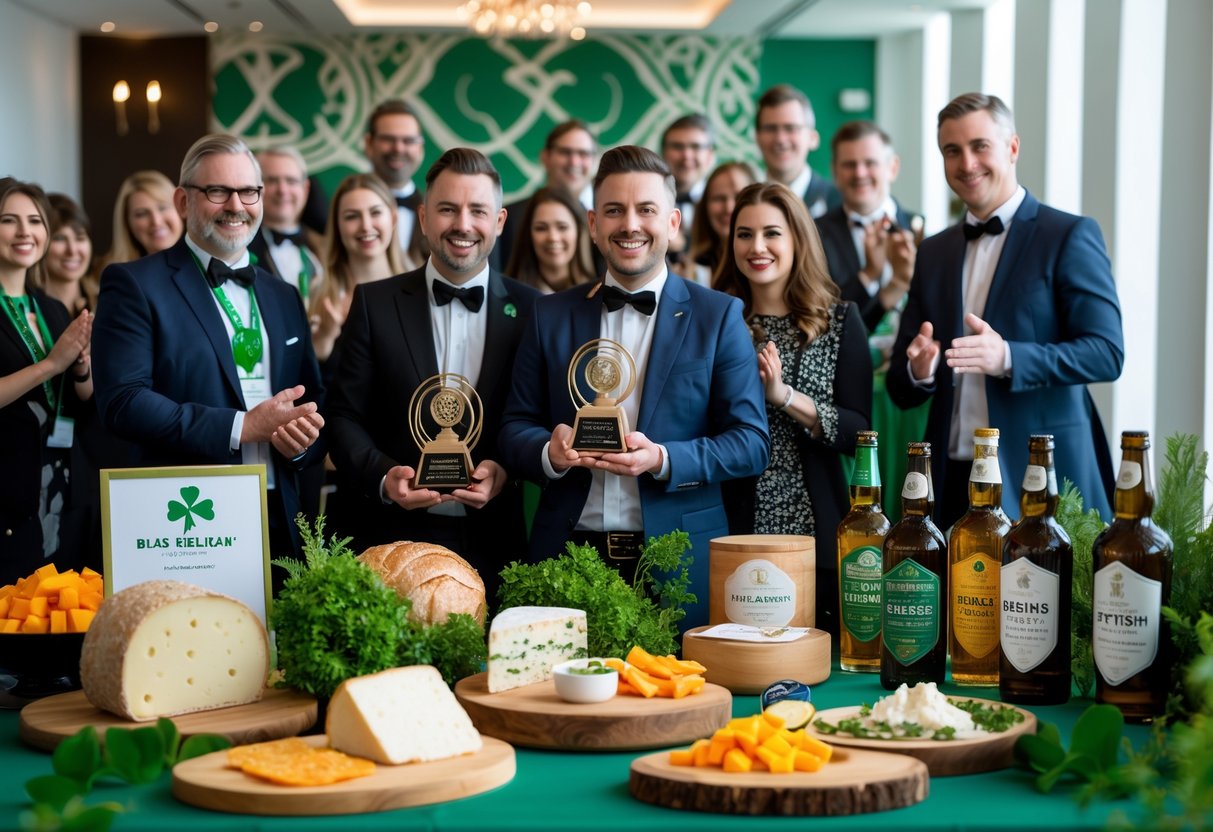 A group of people celebrating an award ceremony with trophies, surrounded by traditional Irish food and drink displays in an elegant event space.