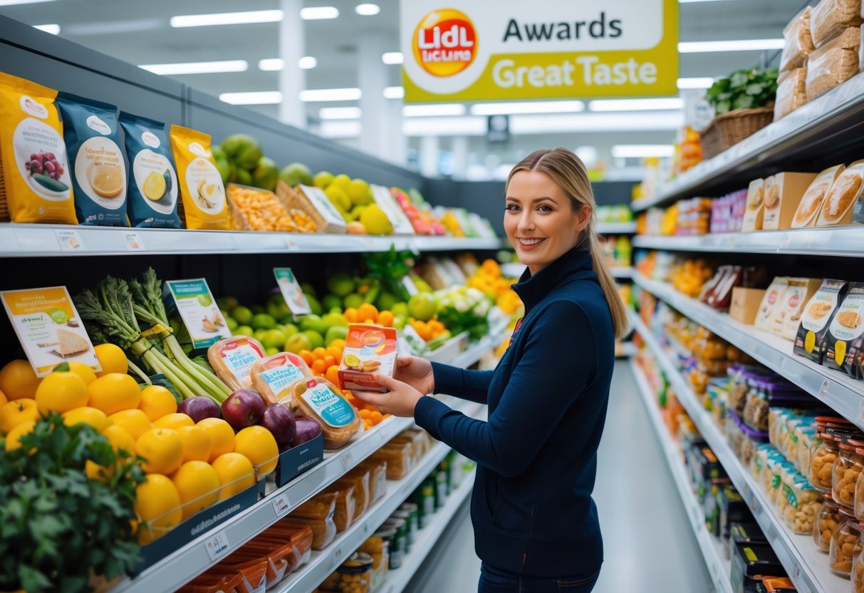 A shopper selecting fresh food products from neatly stocked shelves in a bright grocery store aisle.