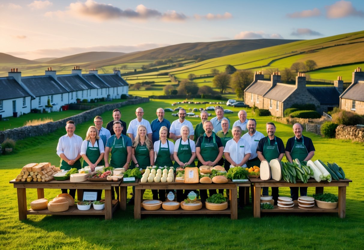 A group of food producers displaying fresh regional Irish products outdoors with green hills and cottages in the background.
