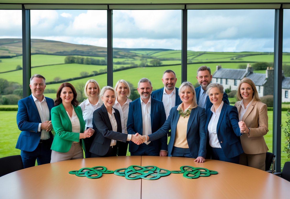 A diverse group of people celebrating success in a bright conference room overlooking the Irish countryside.