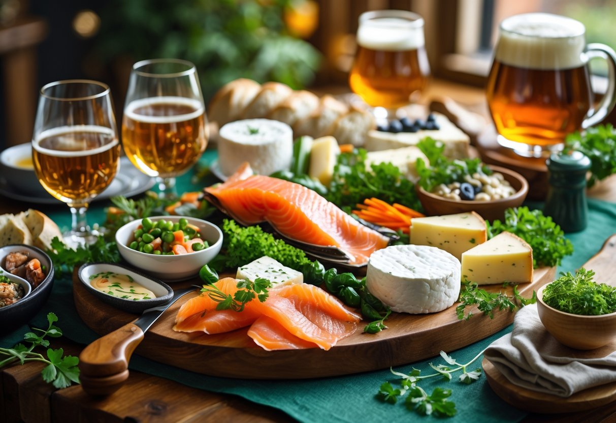 A table with a variety of Irish food and drink including smoked salmon, cheese, soda bread, vegetables, whiskey, and beer in a cozy dining setting.