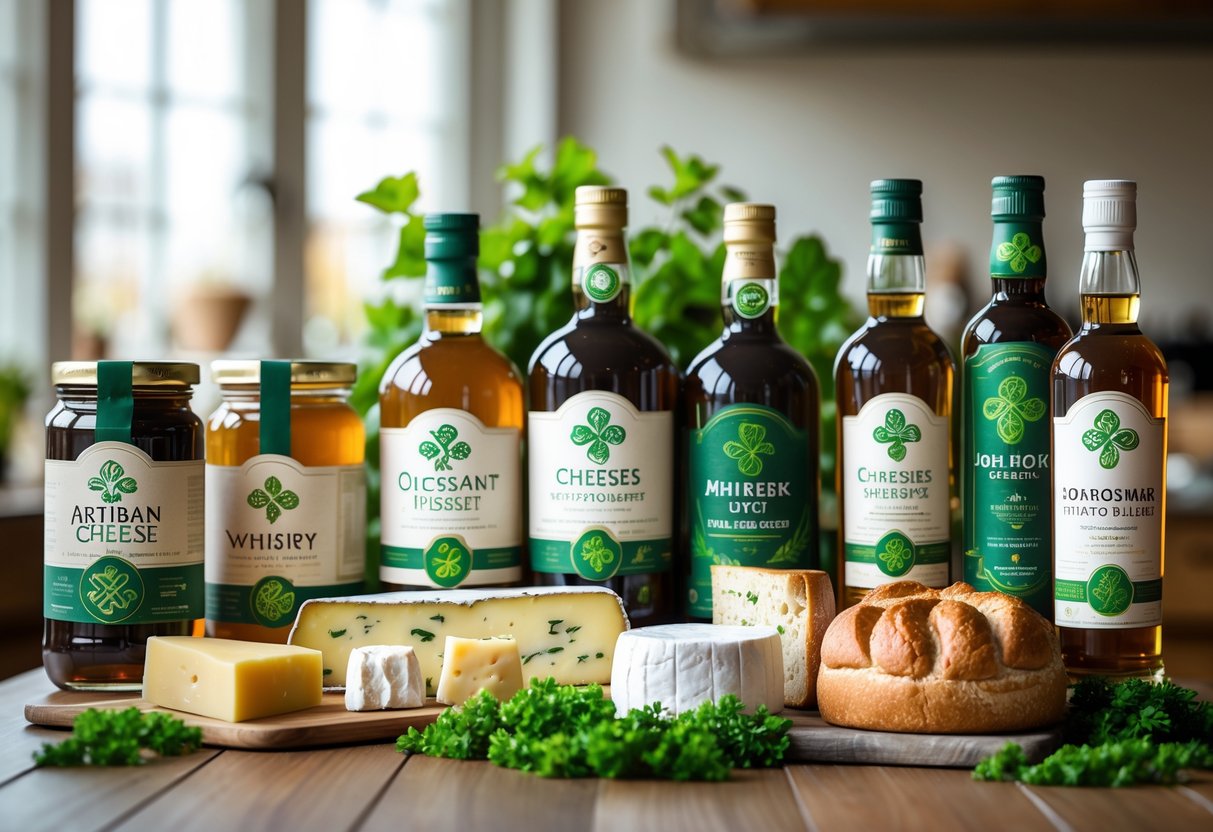 A close-up of various high-quality Irish food and drink products displayed on a wooden table with a blurred kitchen background.