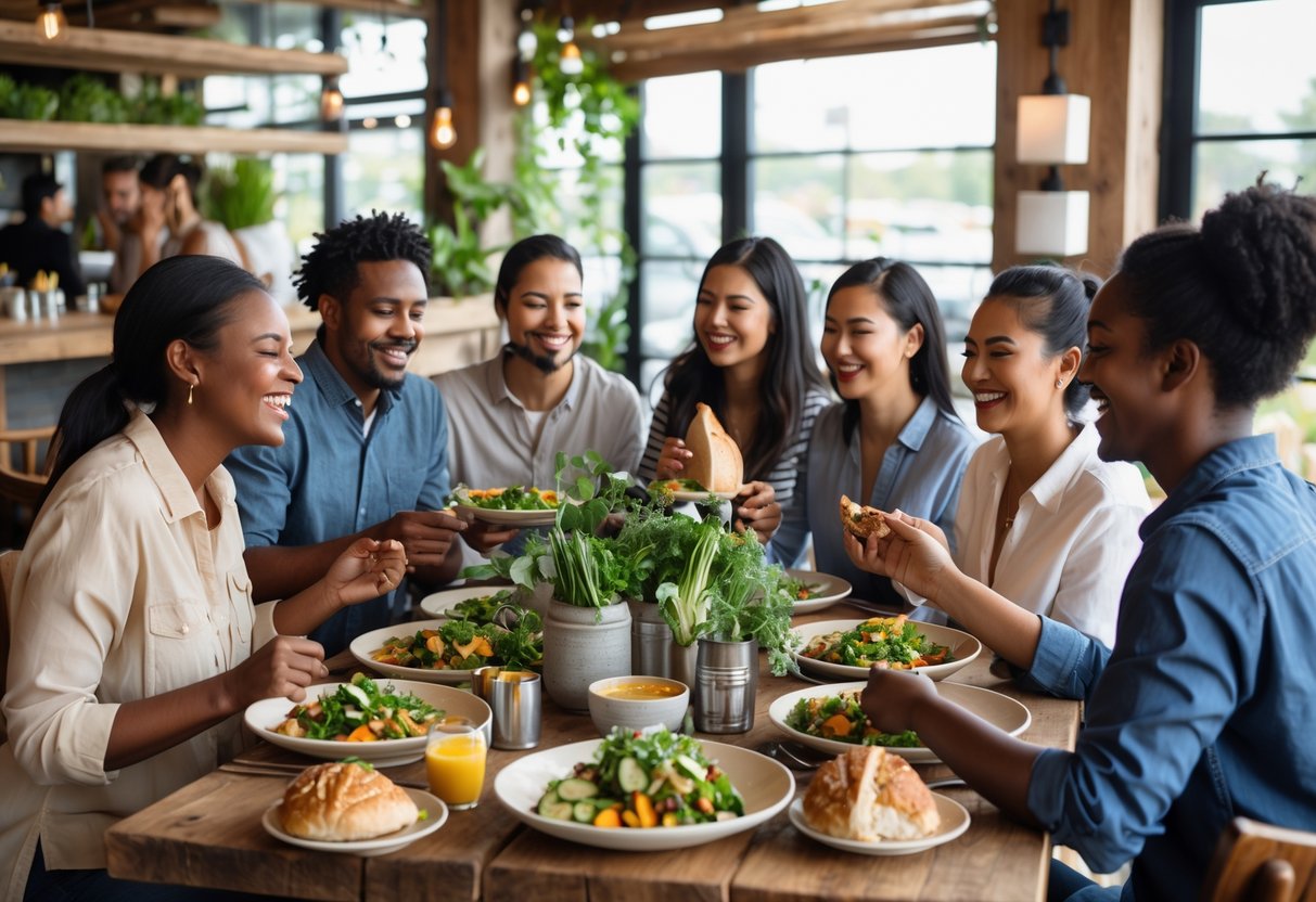 Customers enjoying meals and interacting with staff inside a cozy locally sourced restaurant.