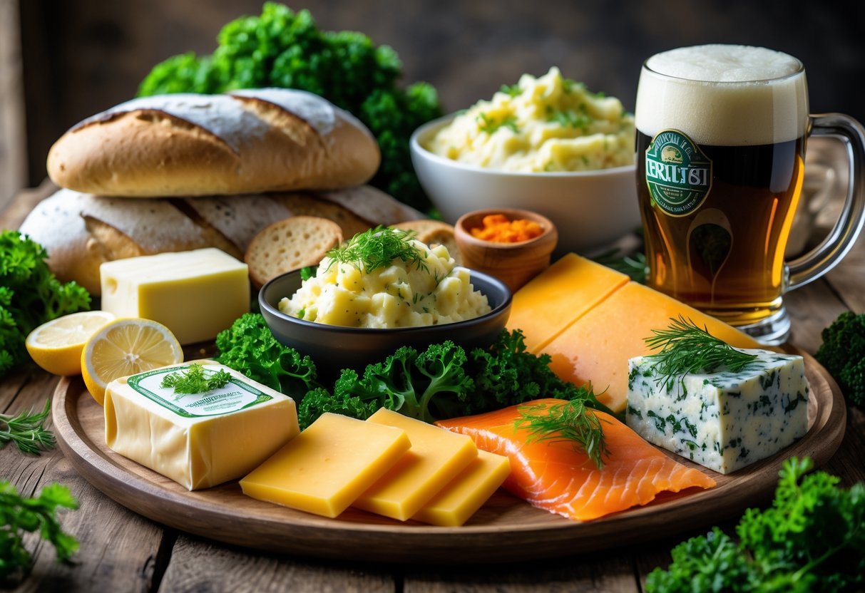 A table with traditional Irish foods including soda bread, Irish butter, colcannon, cheddar cheese, smoked salmon, and a glass of stout beer.