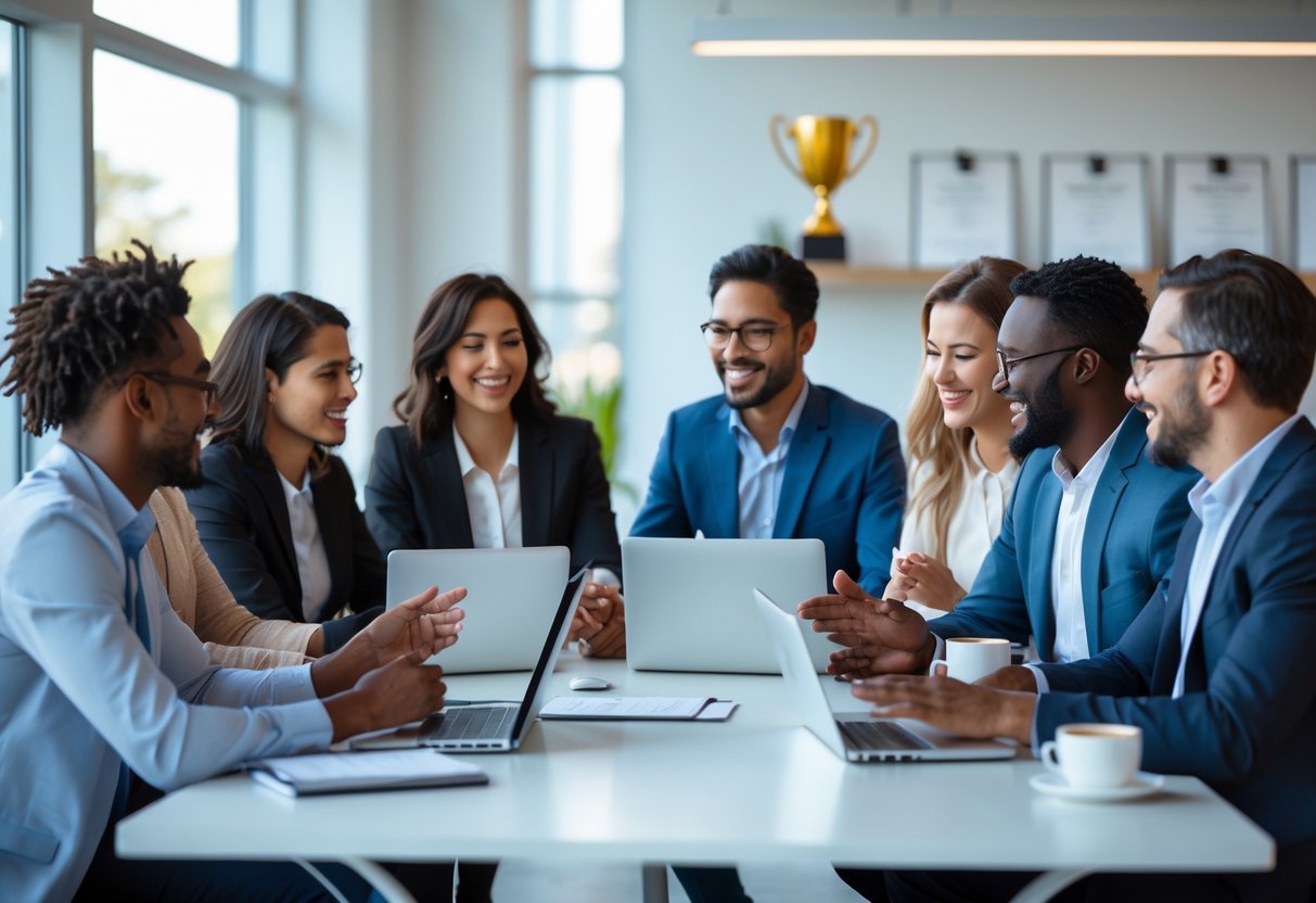 A group of people having a meeting around a table in a bright office, discussing and celebrating achievements.