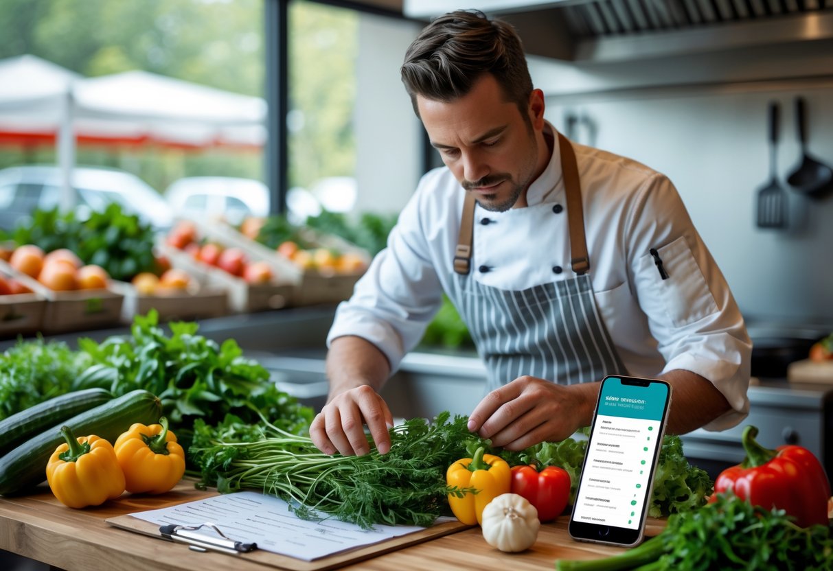 Chef examining fresh vegetables on a wooden table in a kitchen with a farmer's market visible through a window.