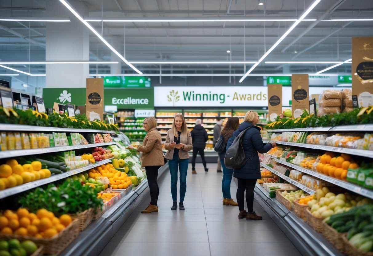 Shoppers browsing fresh produce and specialty food products in a bright, modern supermarket aisle.