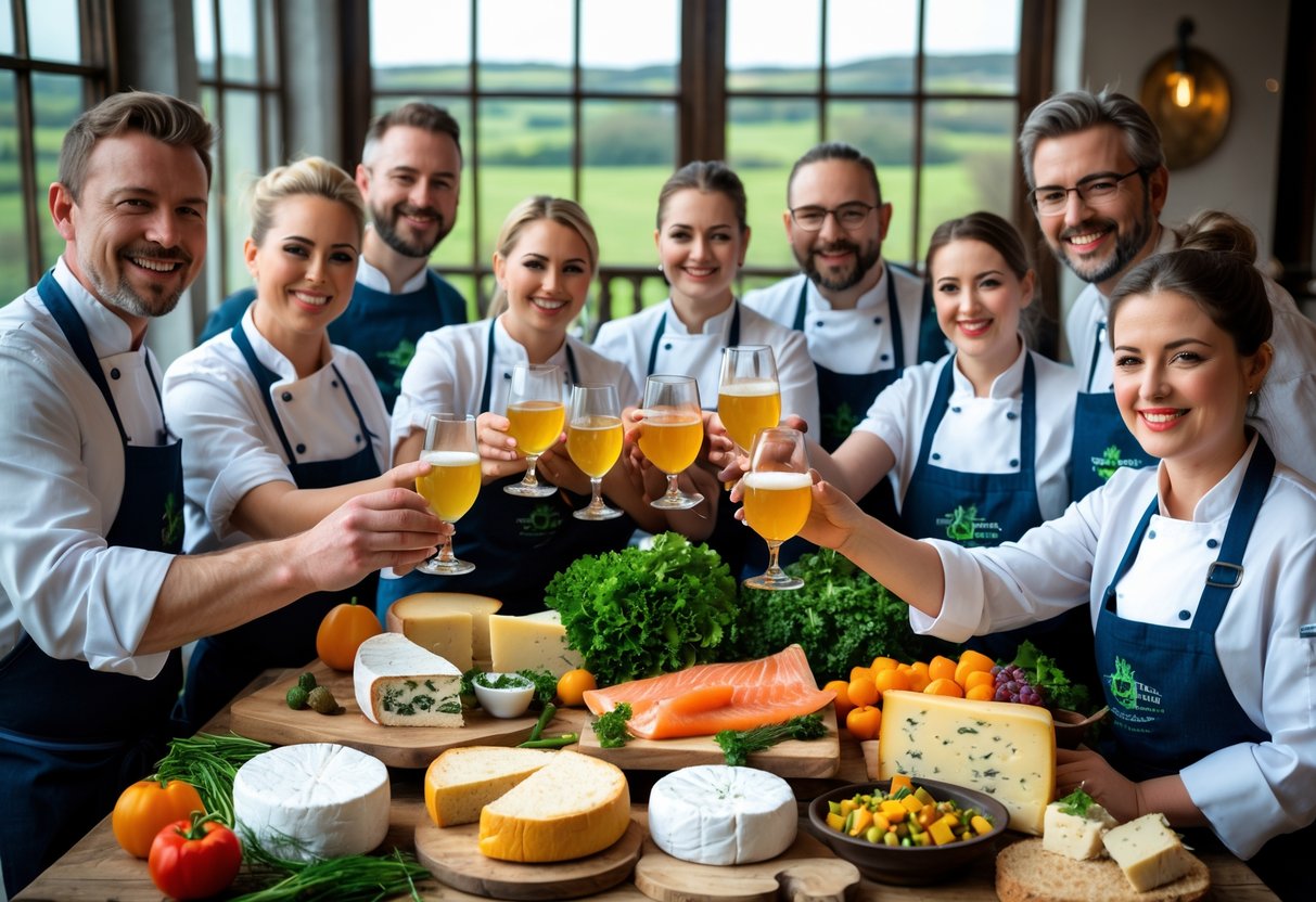 A group of chefs and food producers celebrating around a table filled with fresh Irish food products in a bright room with green fields visible outside.