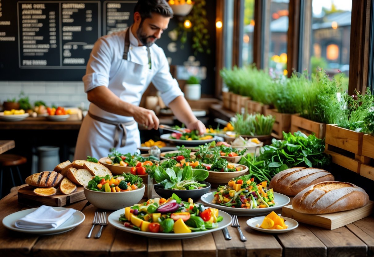 A restaurant table with fresh locally sourced food and a chef preparing dishes in the background.