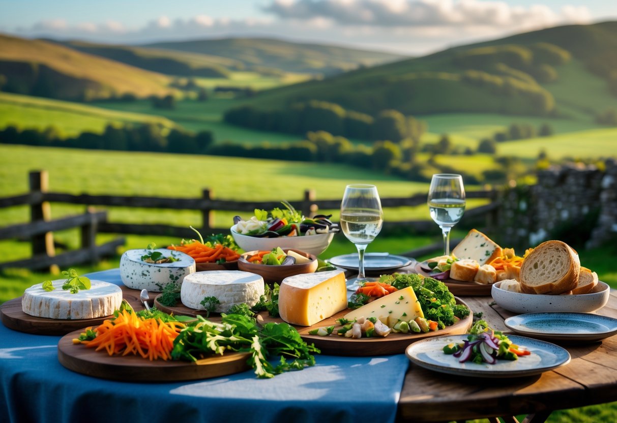A table outdoors in the Irish countryside with a variety of delicious Irish foods arranged on wooden platters and dishes, surrounded by green hills under a clear sky.