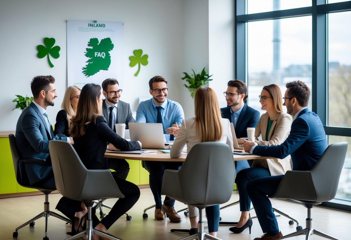 A group of professionals having a meeting around a table in a bright office with large windows and subtle Irish-themed decor.