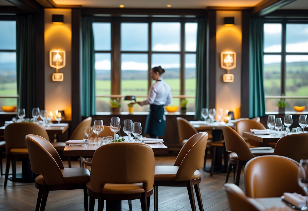 Interior of an elegant Irish restaurant with tables set for fine dining and a chef attending to guests.